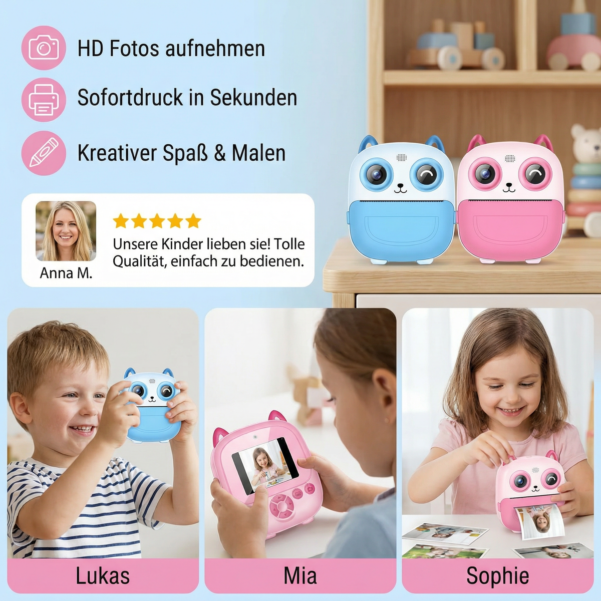 Kinder Sofortbildkamera – Mini Digitalkamera mit HD-Foto & integriertem Drucker