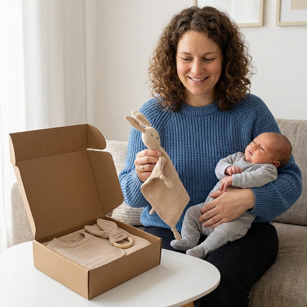 4-teiliges Neugeborenen Geschenkset – Musselin, Hase, Beißring & Lätzchen (100% Baumwolle)