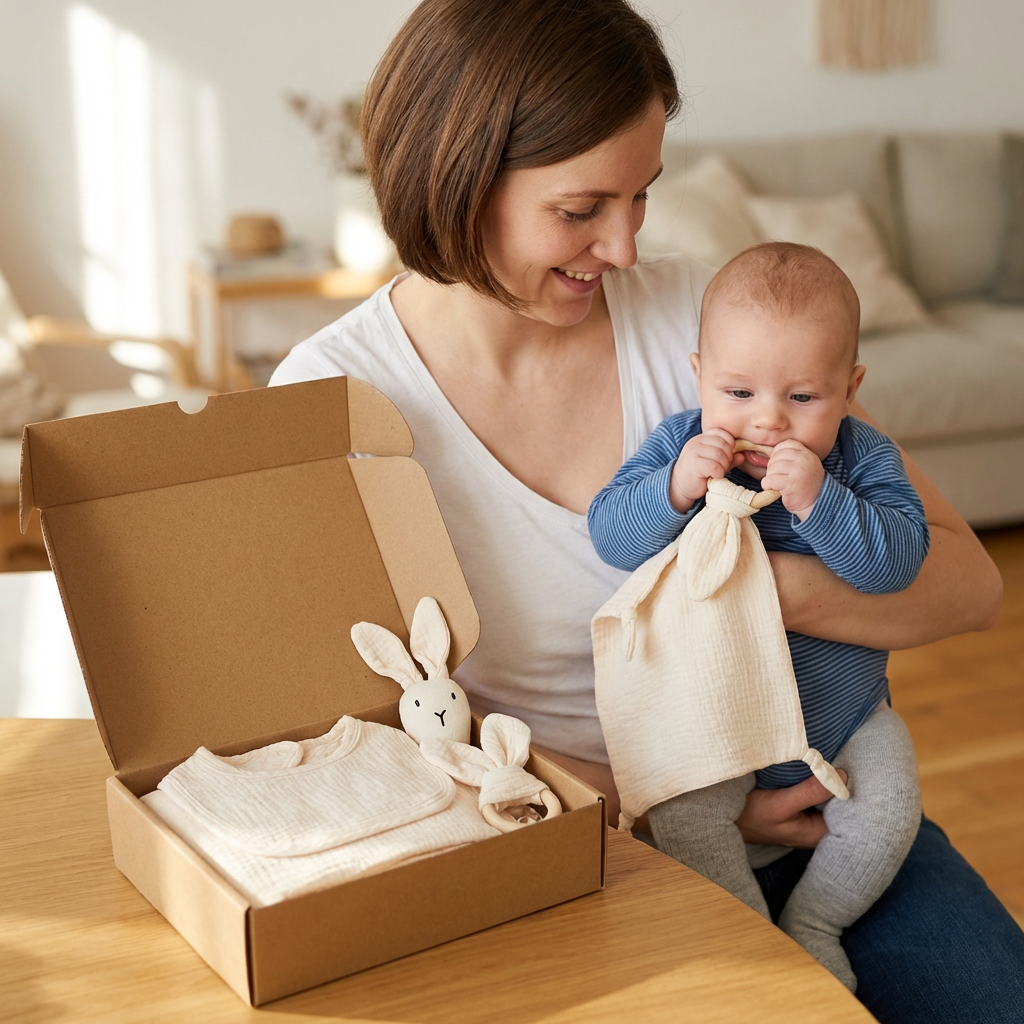 4-teiliges Neugeborenen Geschenkset – Musselin, Hase, Beißring & Lätzchen (100% Baumwolle)