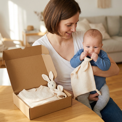 4-teiliges Neugeborenen Geschenkset – Musselin, Hase, Beißring & Lätzchen (100% Baumwolle)