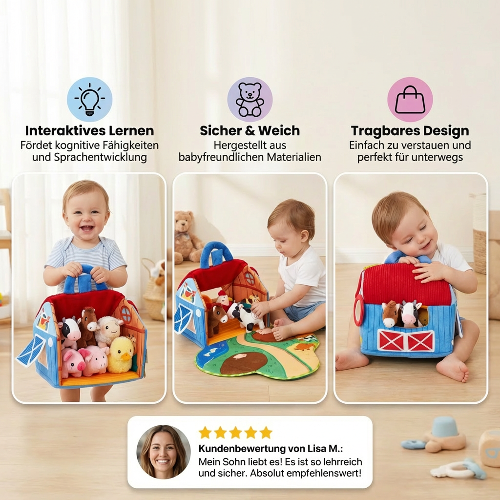 Bauernhof Plüschtier Spielset – Interaktives Lernspielzeug mit tragbarem Spielhaus