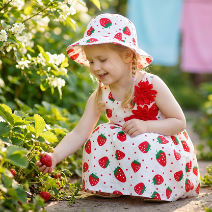Sommerliches 2in1 Set  Ärmelloses Mädchenkleid mit Erdbeer-Muster inkl. Hut