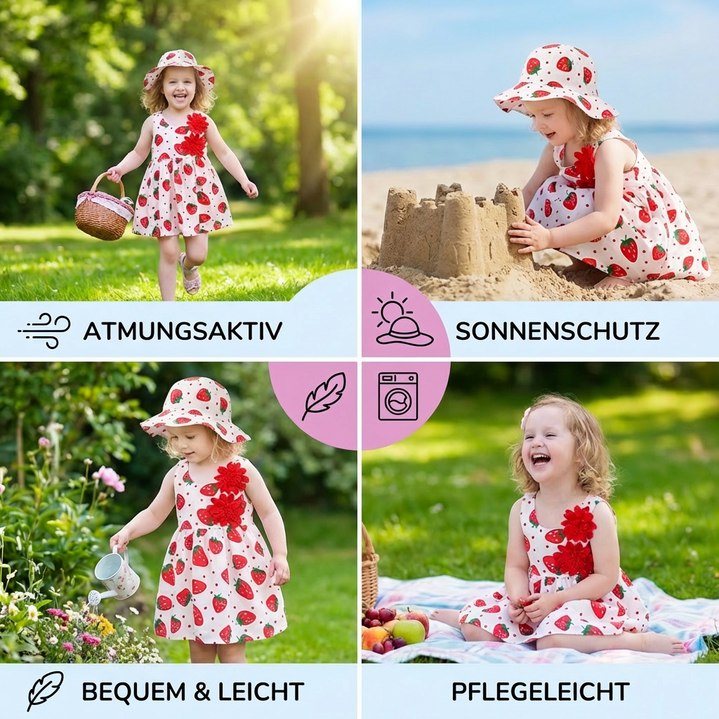 Sommerliches 2in1 Set  Ärmelloses Mädchenkleid mit Erdbeer-Muster inkl. Hut