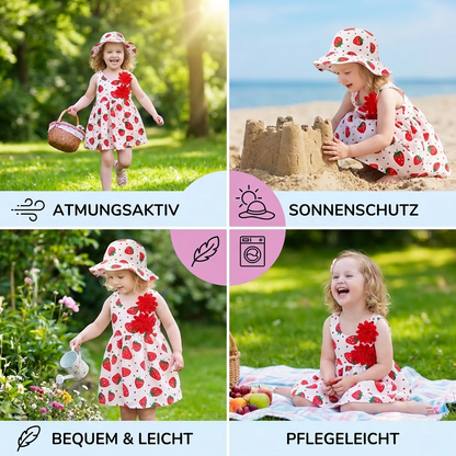 Sommerliches 2in1 Set  Ärmelloses Mädchenkleid mit Erdbeer-Muster inkl. Hut