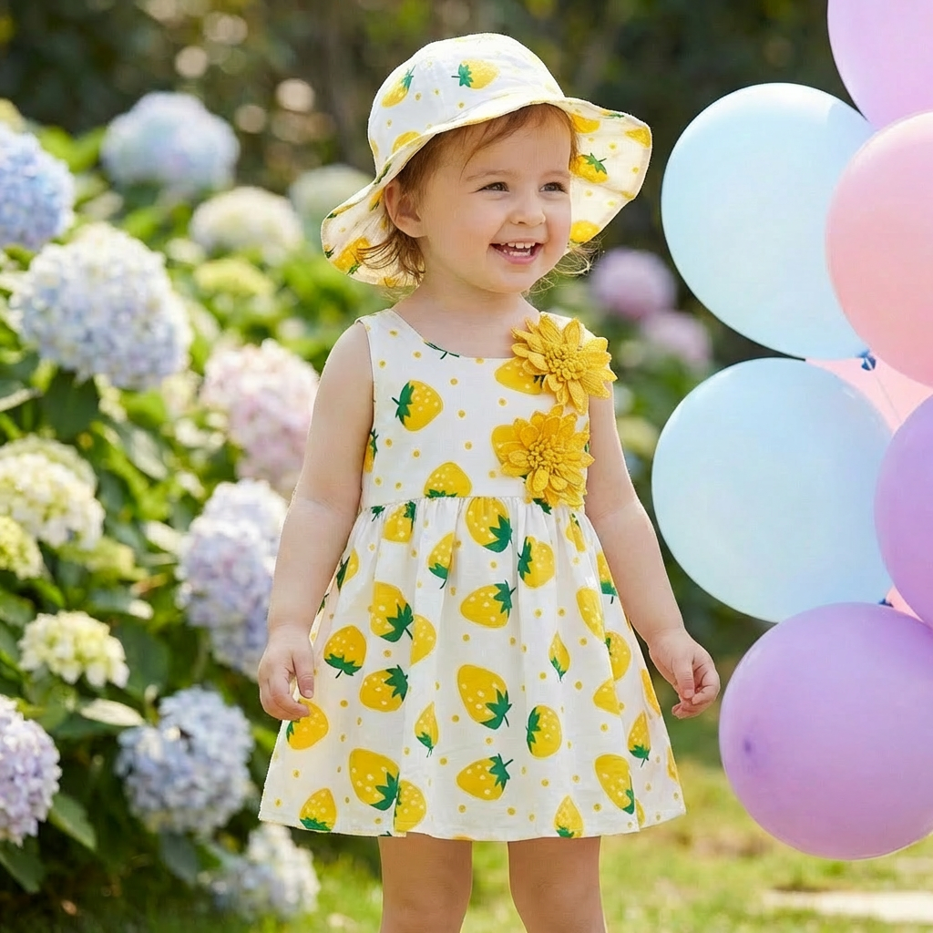 Sommerliches 2in1 Set  Ärmelloses Mädchenkleid mit Erdbeer-Muster inkl. Hut