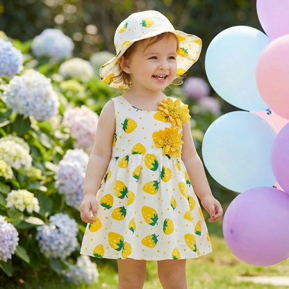 Sommerliches 2in1 Set  Ärmelloses Mädchenkleid mit Erdbeer-Muster inkl. Hut