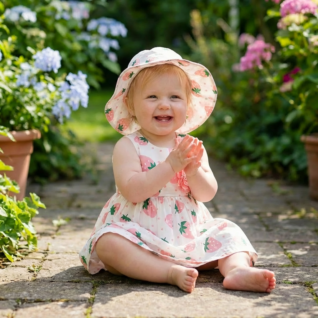Sommerliches 2in1 Set  Ärmelloses Mädchenkleid mit Erdbeer-Muster inkl. Hut