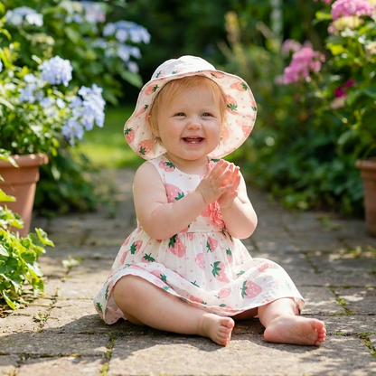 Sommerliches 2in1 Set  Ärmelloses Mädchenkleid mit Erdbeer-Muster inkl. Hut