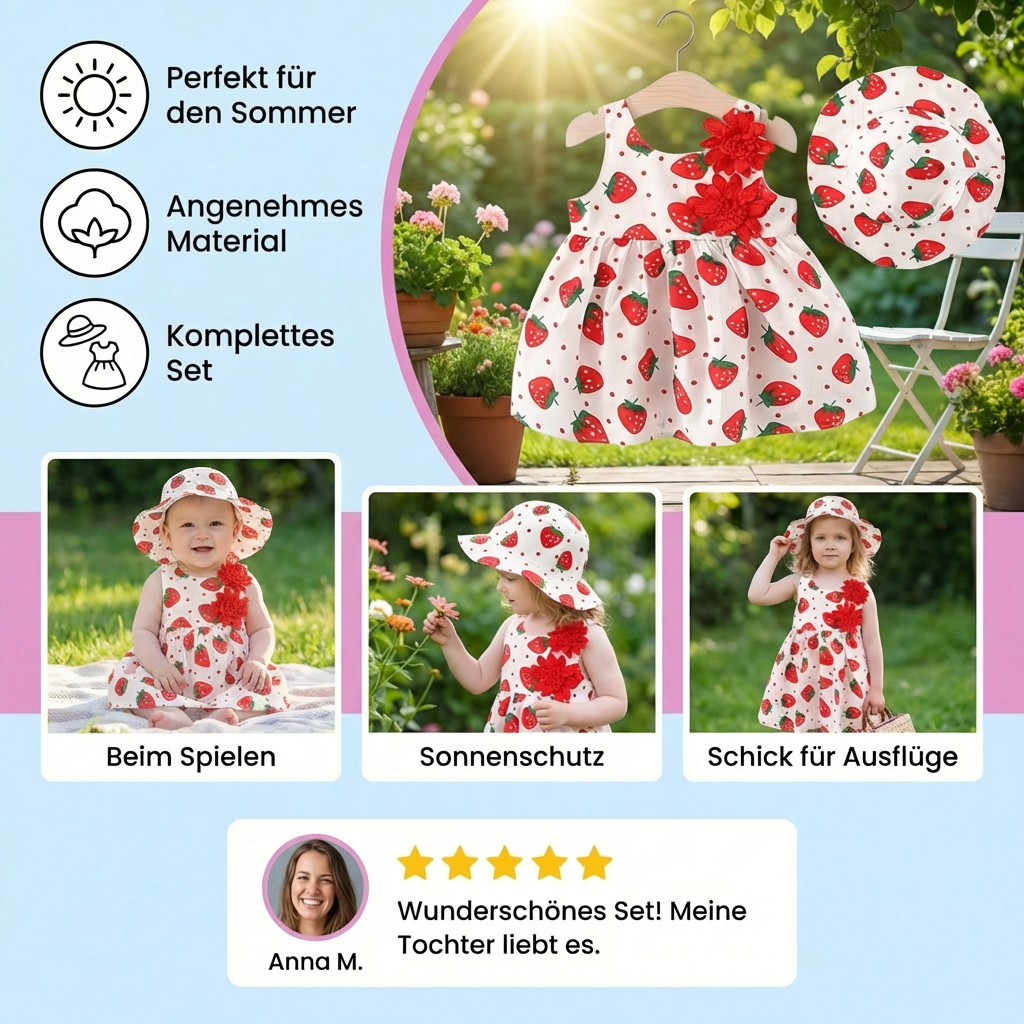 Sommerliches 2in1 Set  Ärmelloses Mädchenkleid mit Erdbeer-Muster inkl. Hut