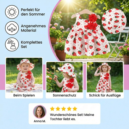 Sommerliches 2in1 Set  Ärmelloses Mädchenkleid mit Erdbeer-Muster inkl. Hut