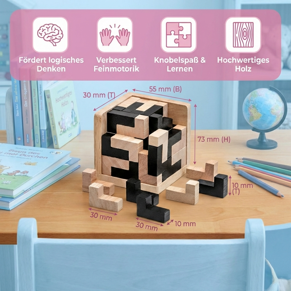 Handgemachtes 3D Holz-Würfelpuzzle – Knobel- & Lernspiel für Kinder (54 Teile)