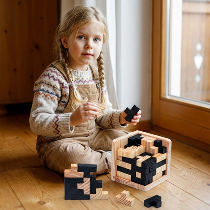 Handgemachtes 3D Holz-Würfelpuzzle – Knobel- & Lernspiel für Kinder (54 Teile)