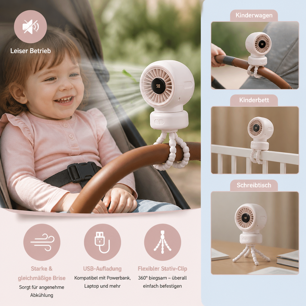 Tragbarer Clip Ventilator für Kinderwagen Bett und Alltag