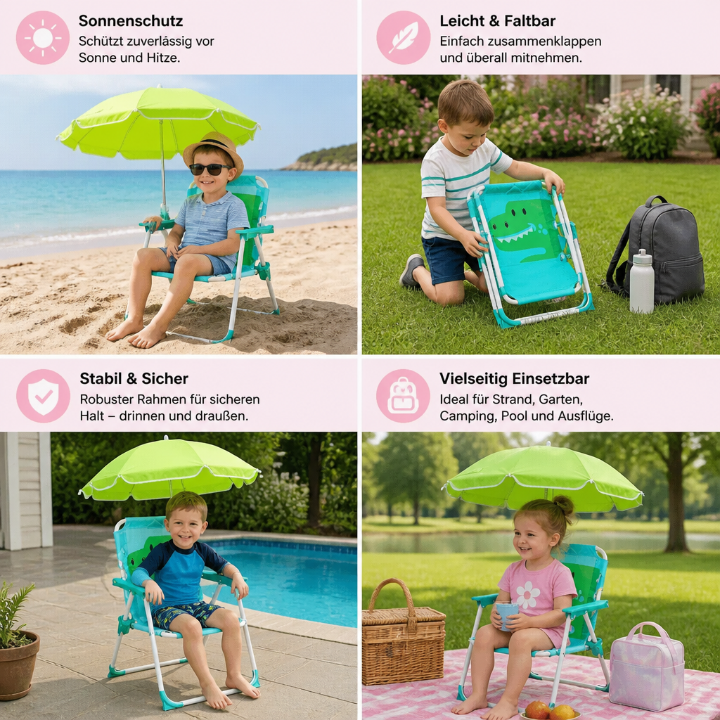 Faltbarer Kinder Strandstuhl mit Sonnenschirm und Dino Design