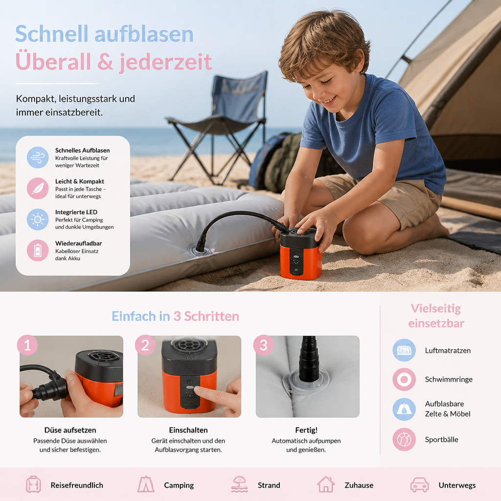 Tragbare Mini-Luftpumpe mit LED-Licht – schnelles Aufpumpen und Ablassen