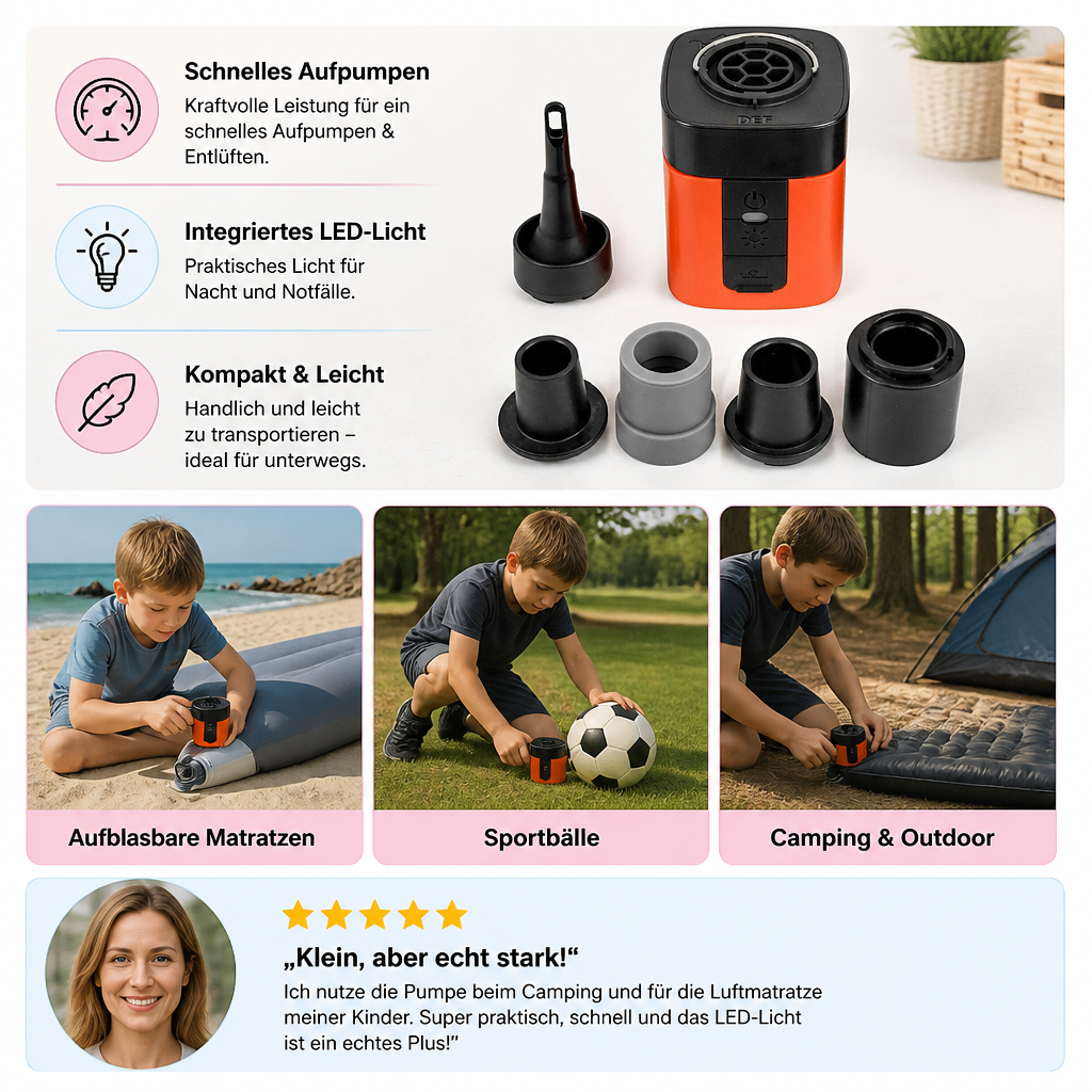 Tragbare Mini-Luftpumpe mit LED-Licht – schnelles Aufpumpen und Ablassen