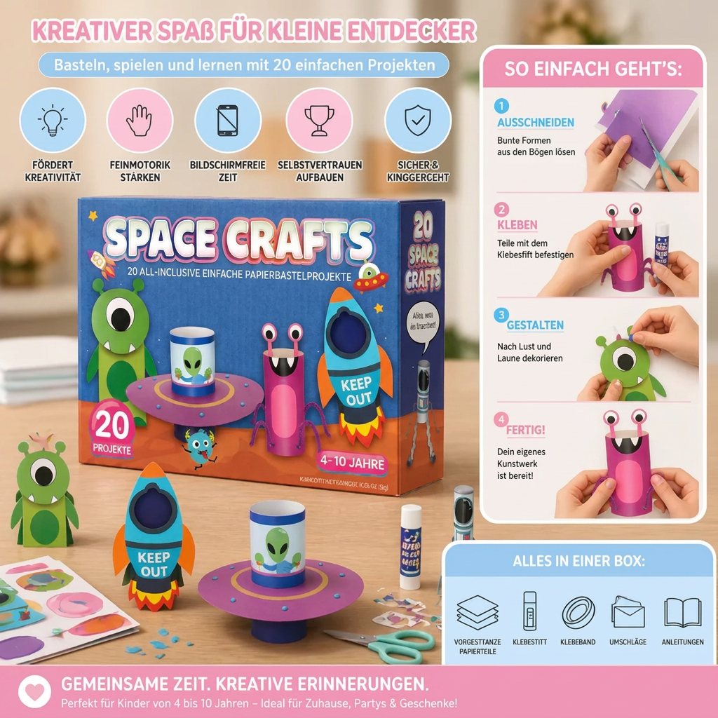 Kinder-Papierbastelbox – 20 einfache DIY-Bastelprojekte für Kinder von 3–10 Jahren mit Klebestift, Klebeband und Umschlägen