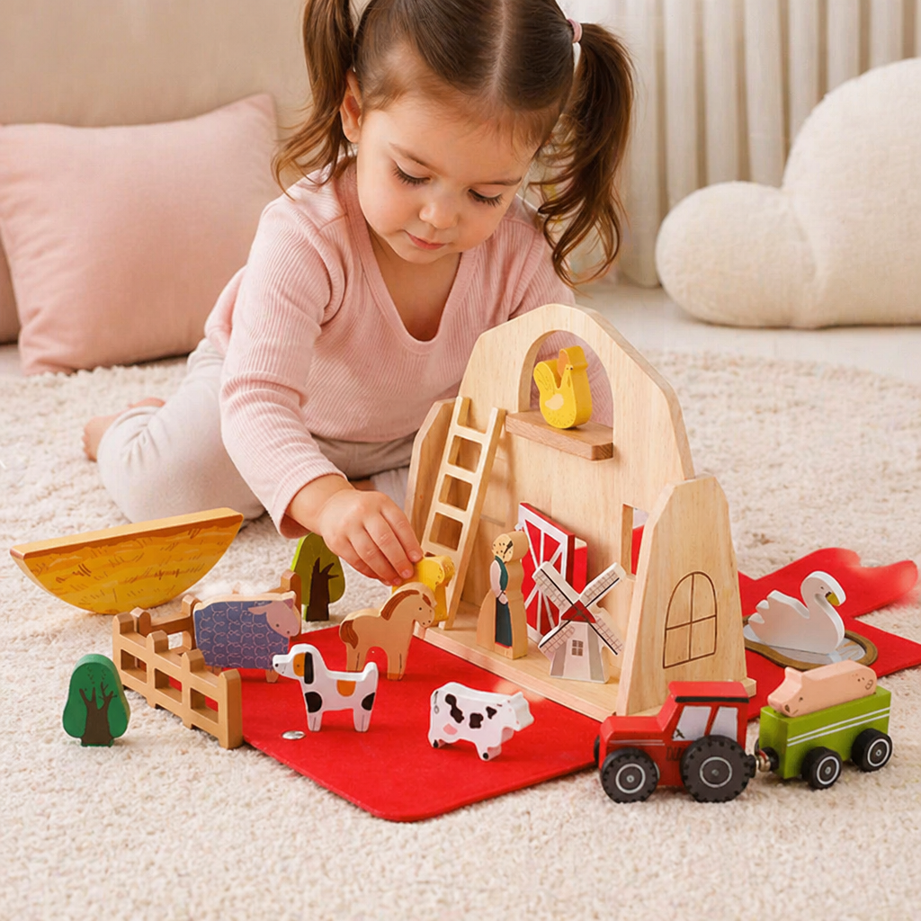 Montessori Holz & Filz Reise Farm Spielzeug - Perfekt für Unterwegs