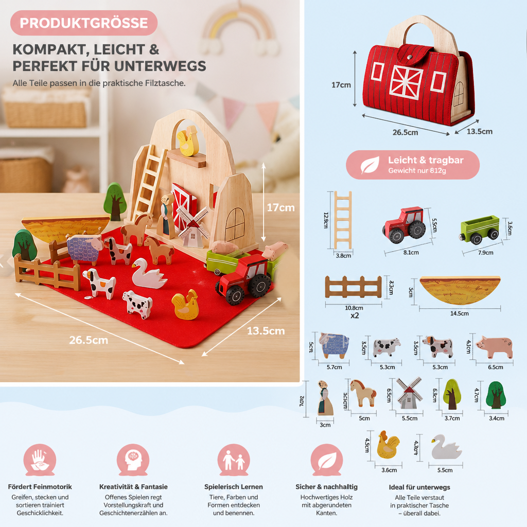 Montessori Holz & Filz Reise Farm Spielzeug - Perfekt für Unterwegs
