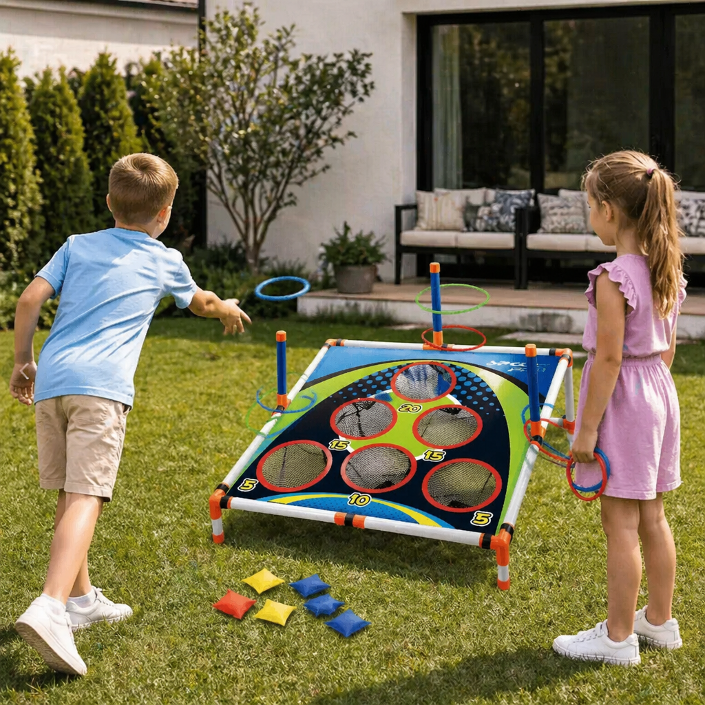 2in1 Cornhole & Ringe Wurfspiel Set – Einfach Aufzubauen, Perfekt für Garten & Reisen