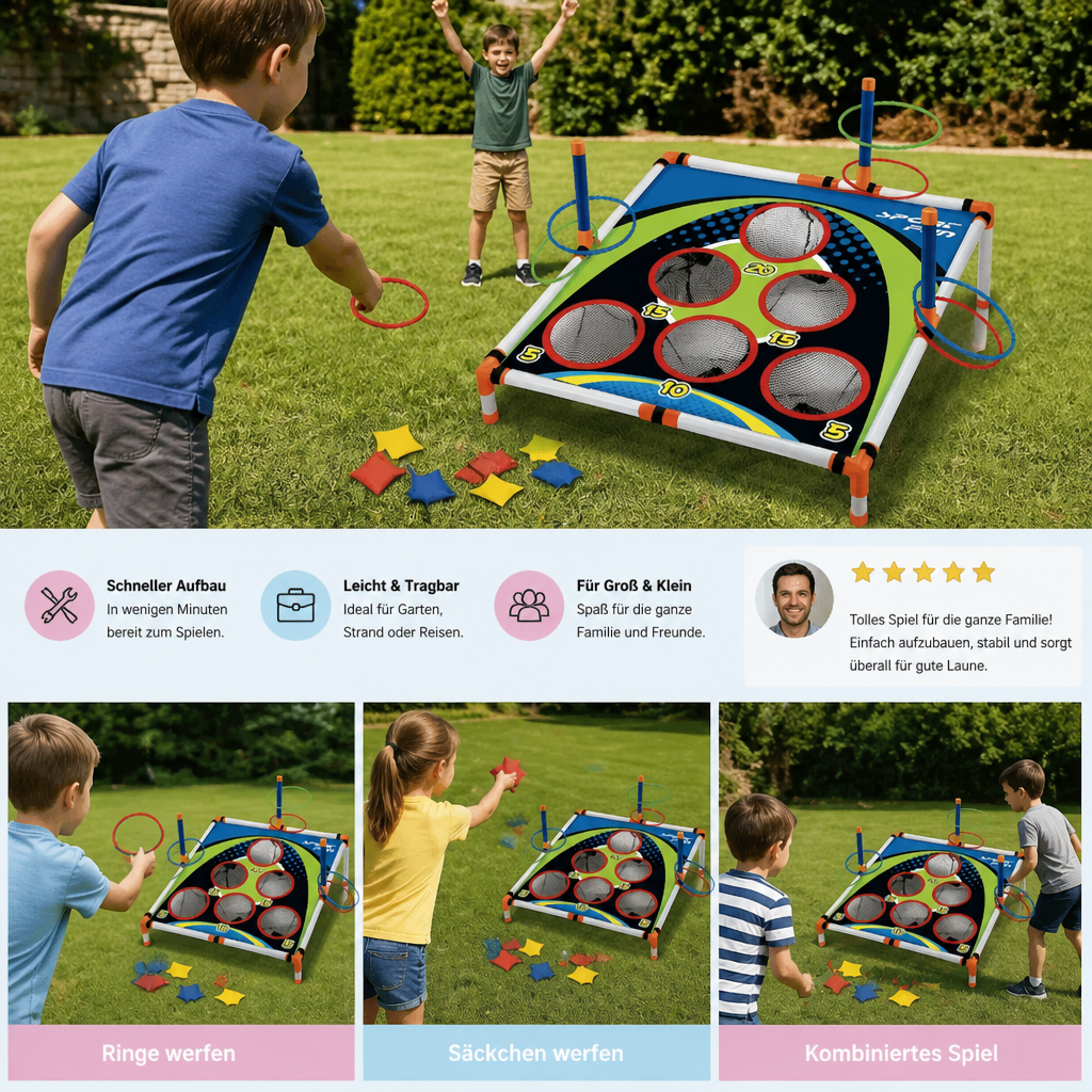 2in1 Cornhole & Ringe Wurfspiel Set – Einfach Aufzubauen, Perfekt für Garten & Reisen