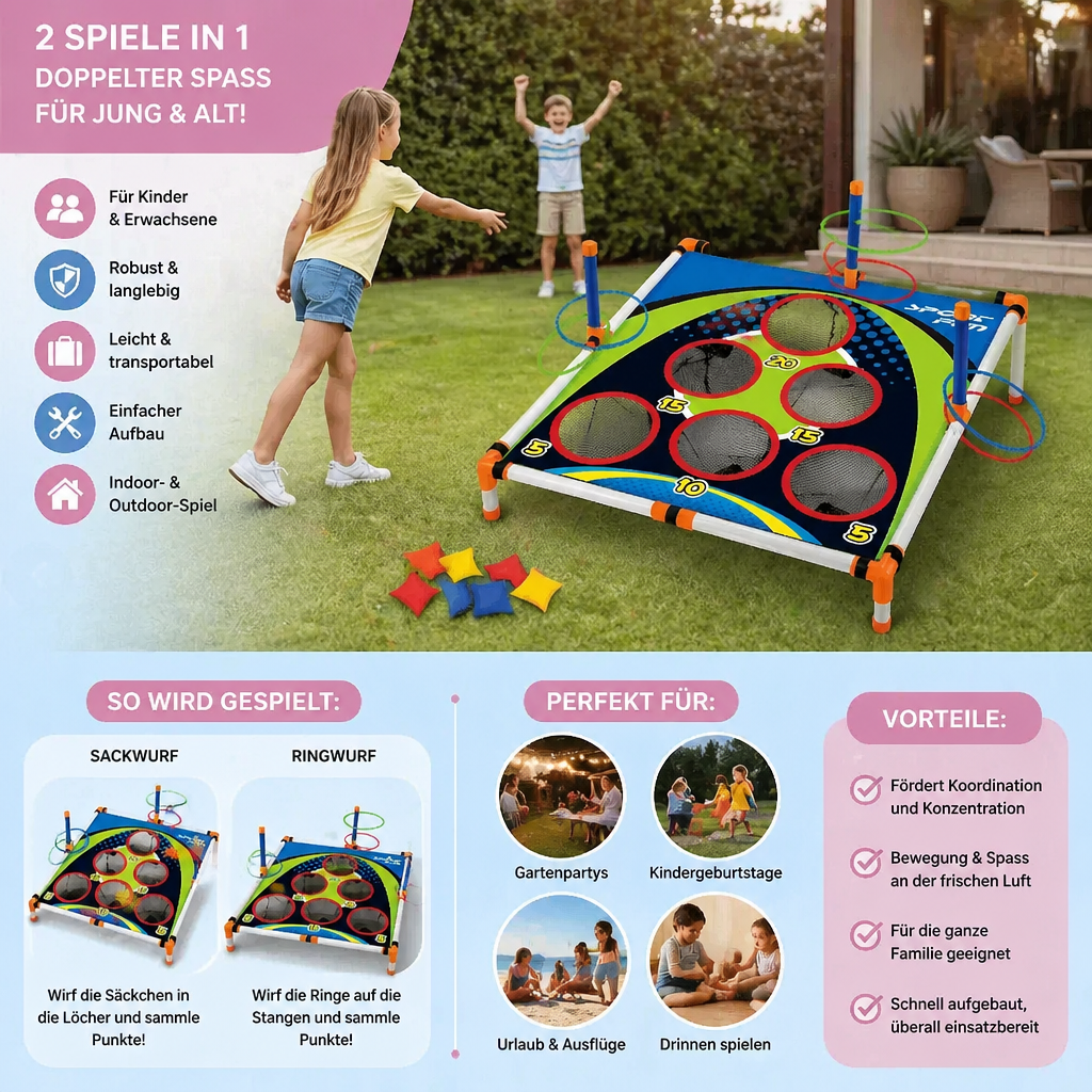 2in1 Cornhole & Ringe Wurfspiel Set – Einfach Aufzubauen, Perfekt für Garten & Reisen