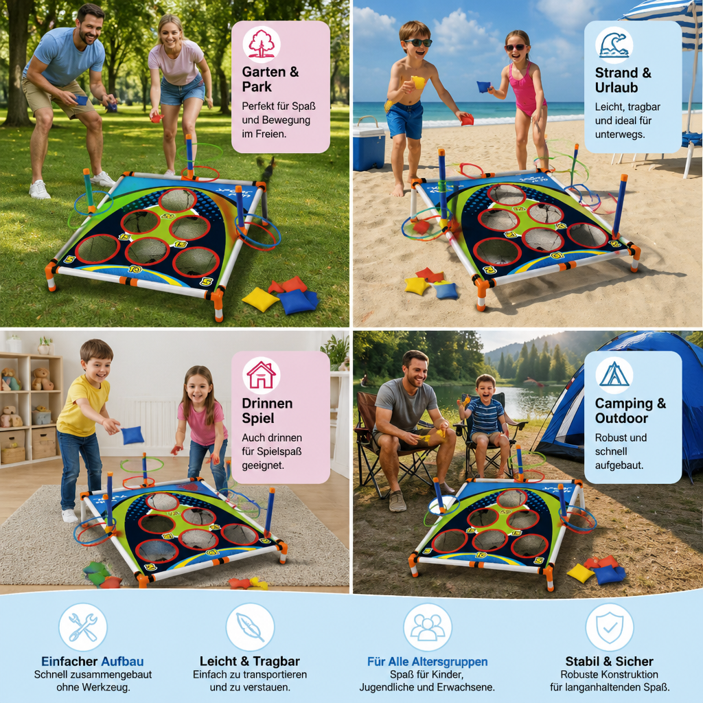 2in1 Cornhole & Ringe Wurfspiel Set – Einfach Aufzubauen, Perfekt für Garten & Reisen
