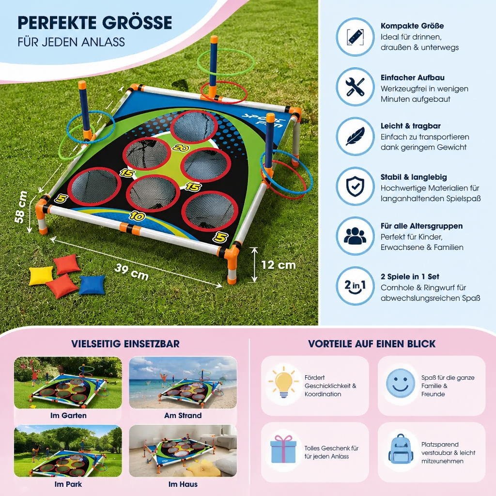 2in1 Cornhole & Ringe Wurfspiel Set – Einfach Aufzubauen, Perfekt für Garten & Reisen