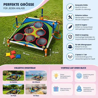 2in1 Cornhole & Ringe Wurfspiel Set – Einfach Aufzubauen, Perfekt für Garten & Reisen