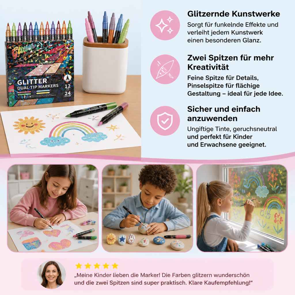 Glitzer-Pinselmarker-Set – Glitzernde Kunstmarker mit zwei Spitzen