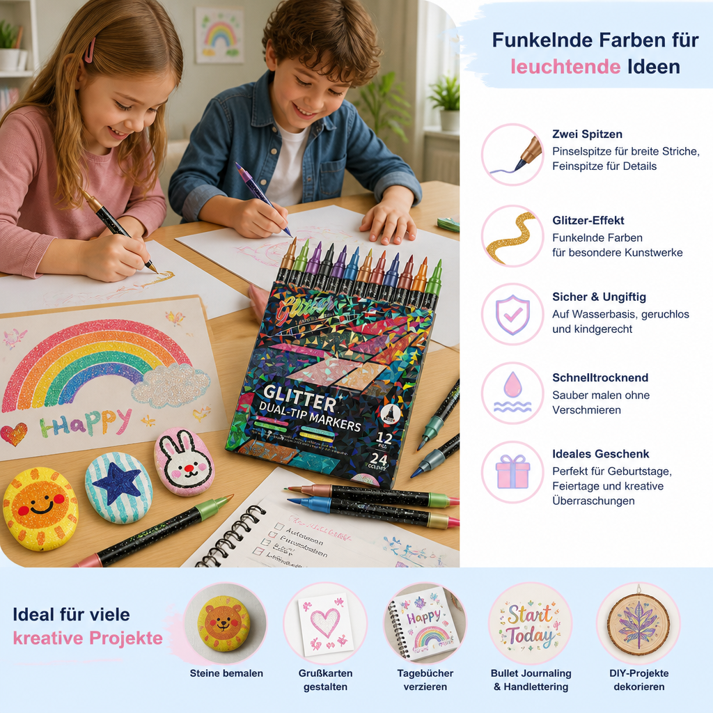 Glitzer-Pinselmarker-Set – Glitzernde Kunstmarker mit zwei Spitzen