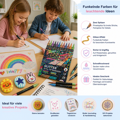 Glitzer-Pinselmarker-Set – Glitzernde Kunstmarker mit zwei Spitzen