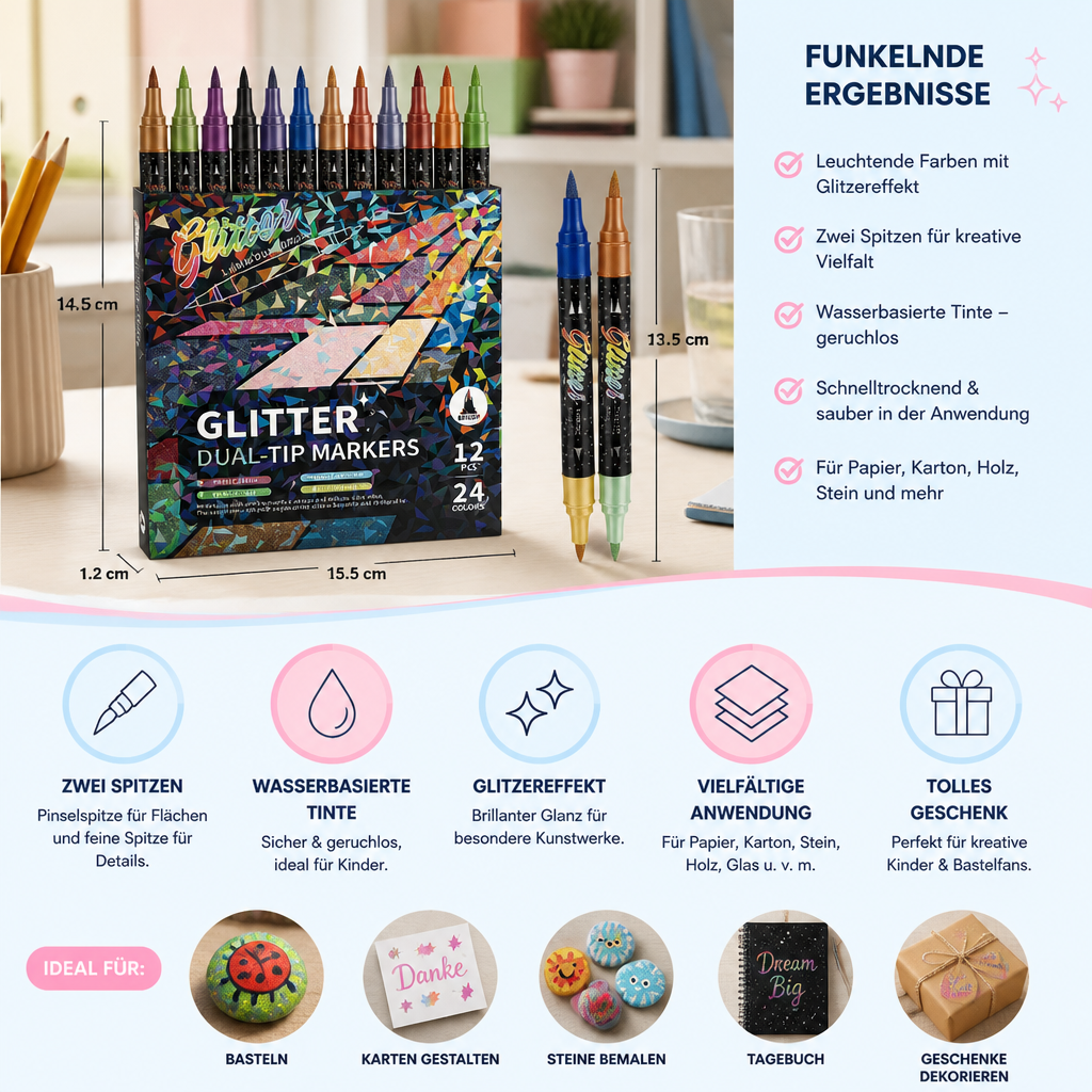 Glitzer-Pinselmarker-Set – Glitzernde Kunstmarker mit zwei Spitzen