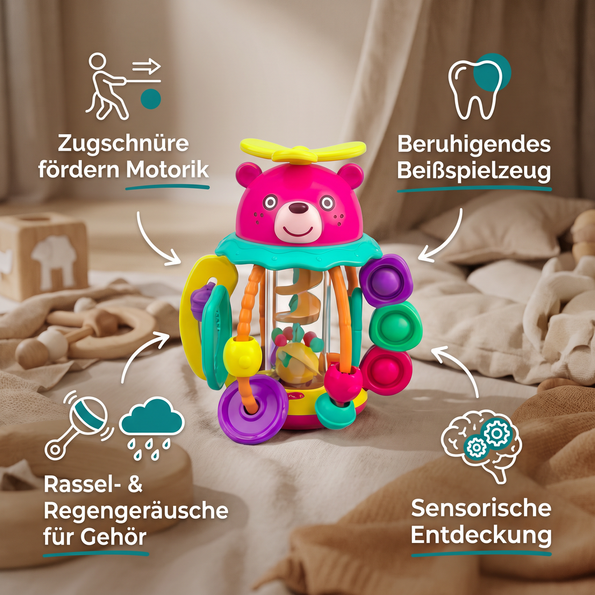 3-in-1 multisensorisches Beißspielzeug mit Zugschnüren, Rassel- & Regengeräuschen für Babys