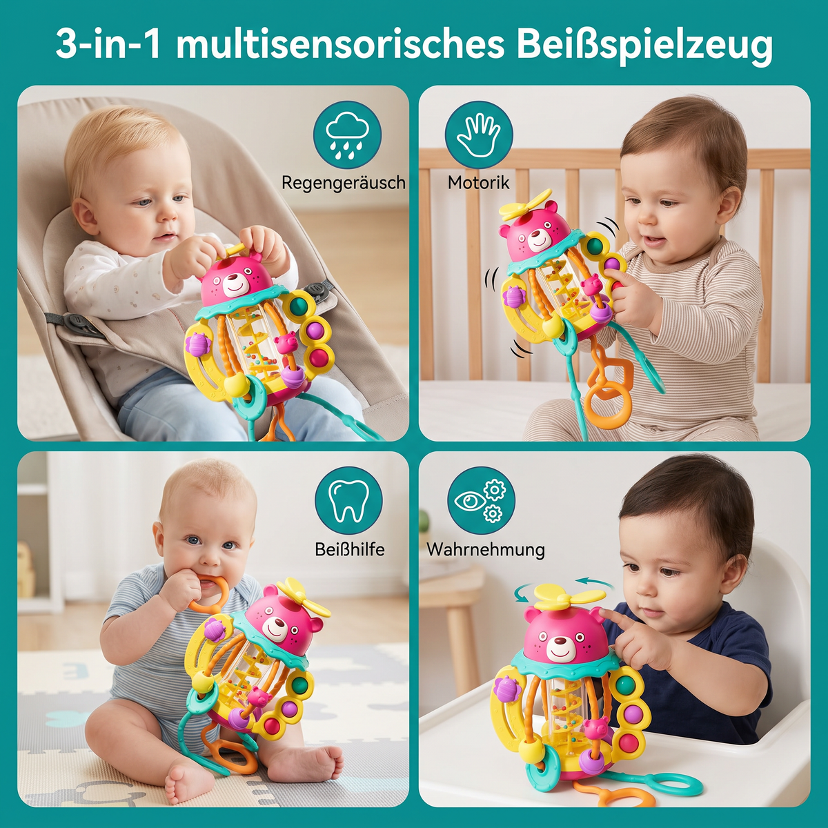 3-in-1 multisensorisches Beißspielzeug mit Zugschnüren, Rassel- & Regengeräuschen für Babys