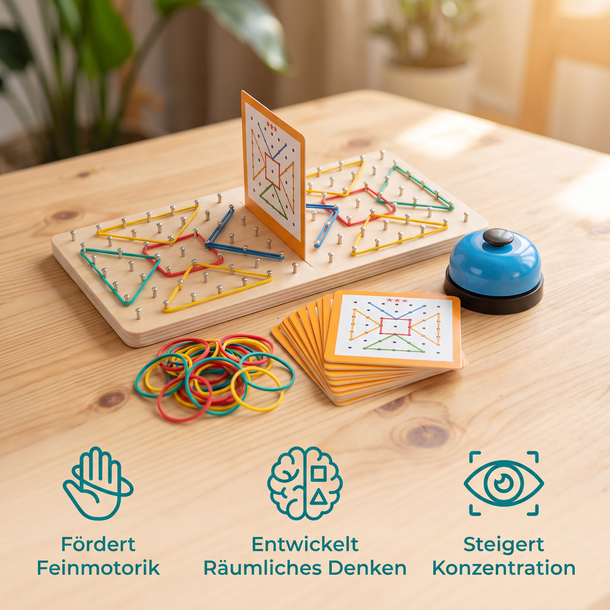 Montessori Holz-Geometrie-Duellspiel mit bunten Gummibändern
