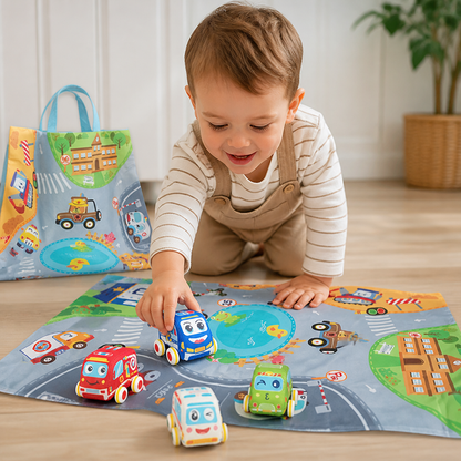 Weiches Rückzieh Auto Spielset mit faltbarer Spielmatte und Tragetasche