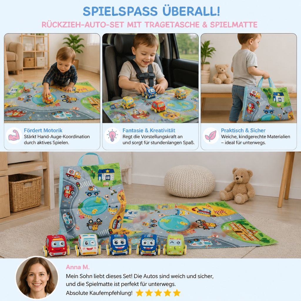 Weiches Rückzieh Auto Spielset mit faltbarer Spielmatte und Tragetasche