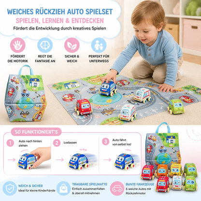 Weiches Rückzieh Auto Spielset mit faltbarer Spielmatte und Tragetasche