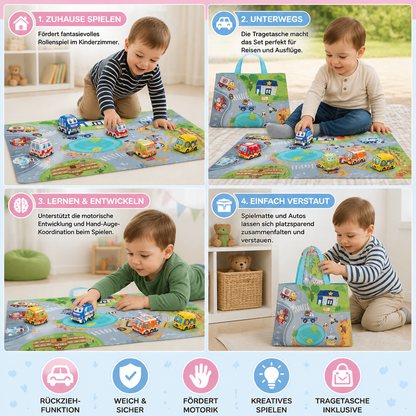 Weiches Rückzieh Auto Spielset mit faltbarer Spielmatte und Tragetasche