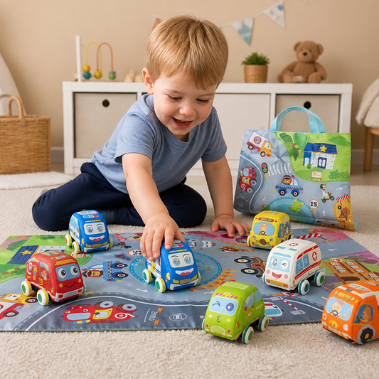Weiches Rückzieh Auto Spielset mit faltbarer Spielmatte und Tragetasche