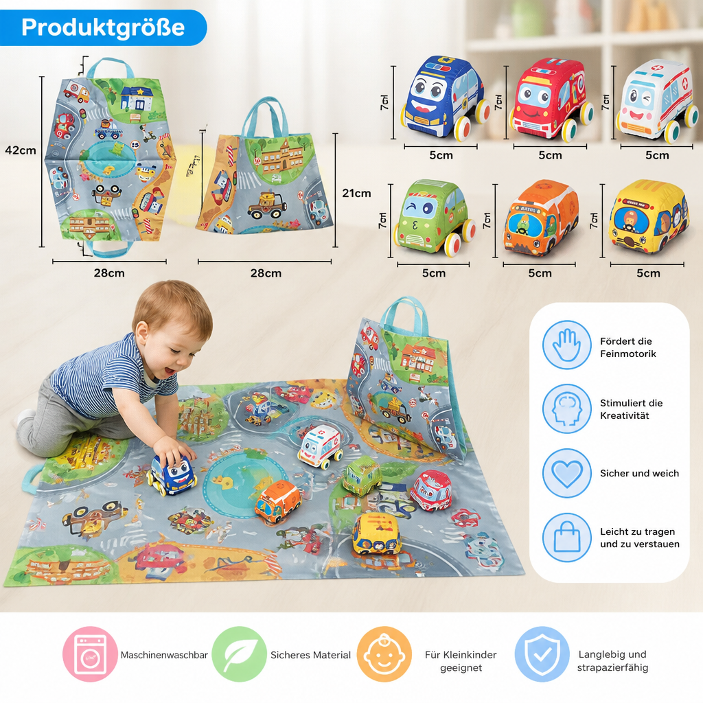 Weiches Rückzieh Auto Spielset mit faltbarer Spielmatte und Tragetasche