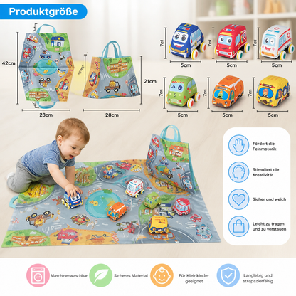 Weiches Rückzieh Auto Spielset mit faltbarer Spielmatte und Tragetasche