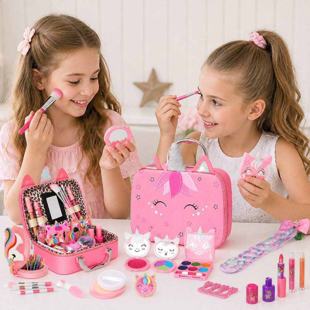 Umweltfreundliches & leicht abwaschbares Prinzessinnen-Make-up-Set für Kinder mit Kosmetiktasche