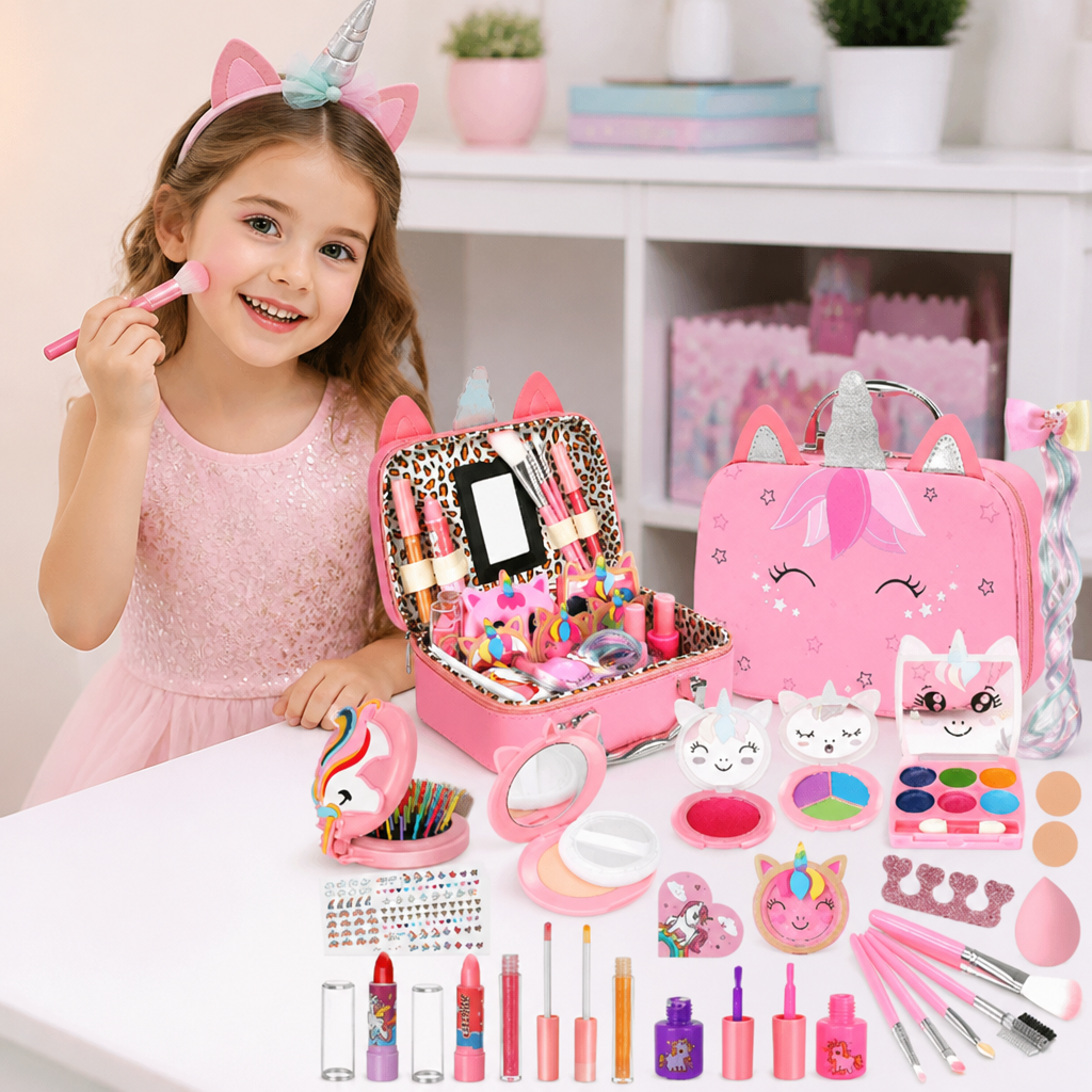 Umweltfreundliches & leicht abwaschbares Prinzessinnen-Make-up-Set für Kinder mit Kosmetiktasche