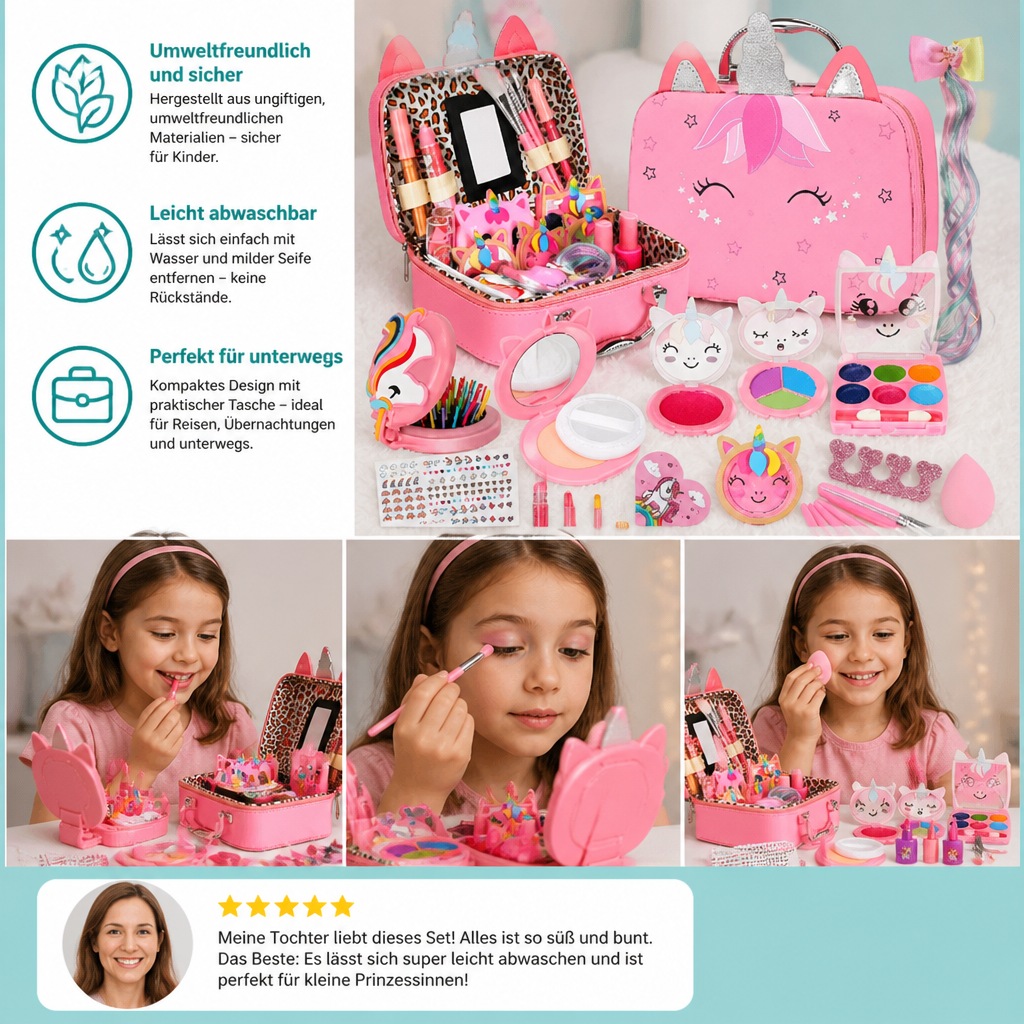 Umweltfreundliches & leicht abwaschbares Prinzessinnen-Make-up-Set für Kinder mit Kosmetiktasche