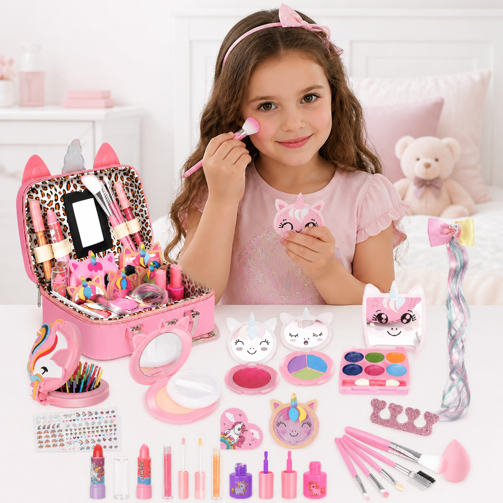 Umweltfreundliches & leicht abwaschbares Prinzessinnen-Make-up-Set für Kinder mit Kosmetiktasche