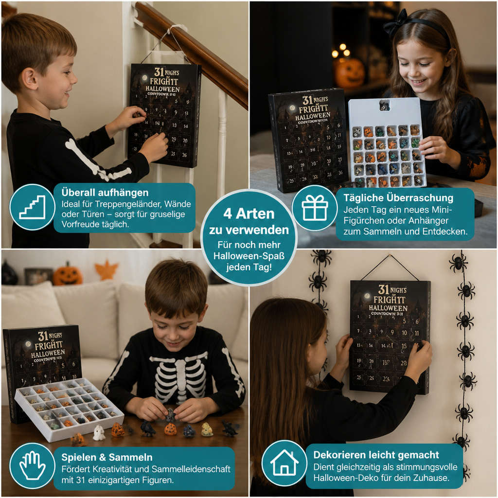 Halloween-Countdown-Kalender mit gruseligen Überraschungs-Mini-Figuren & Anhängern