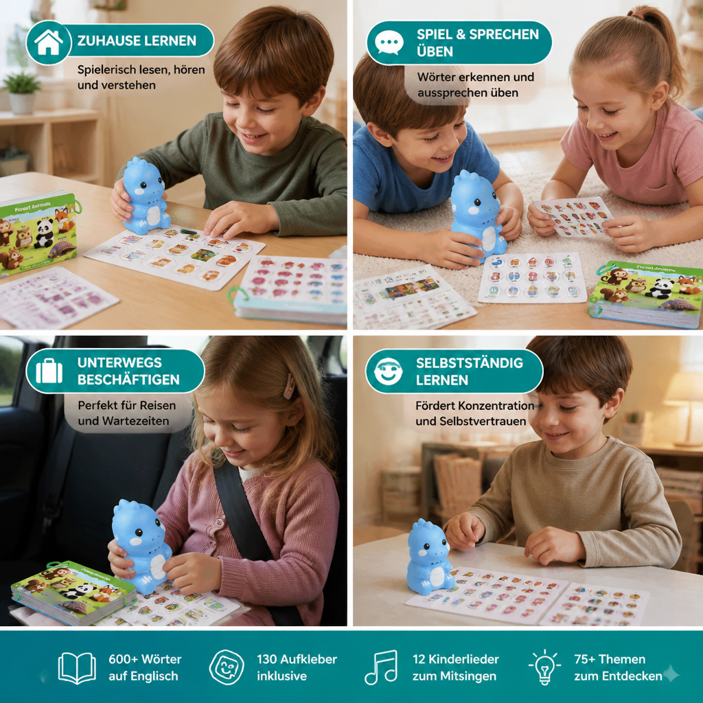 Interaktive Dinosaurier-Sprechkarten & Sticker – Montessori-Lernset für Phonetik & Sichtwörter
