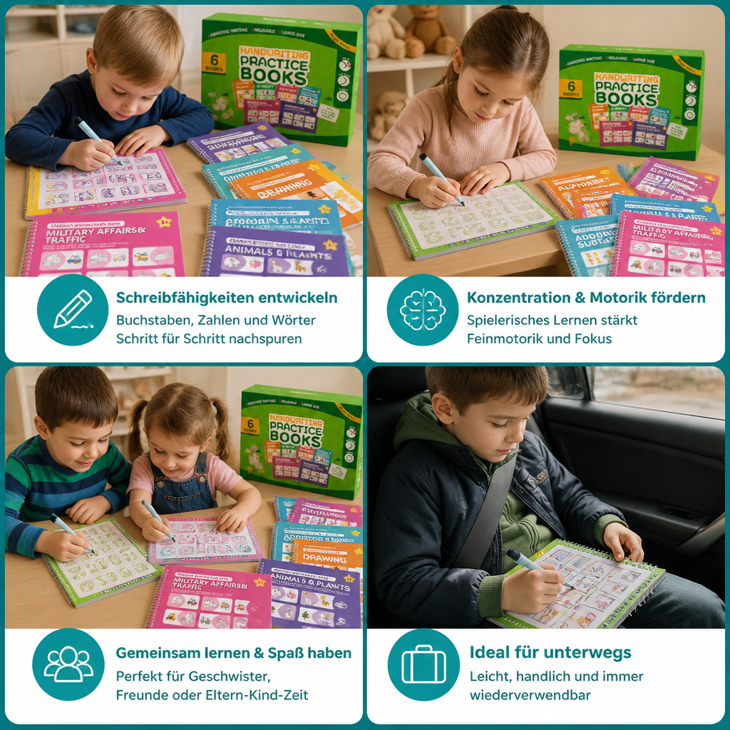 Wiederverwendbare Schreibübungsbücher mit Rillen für Kinder – 6-teiliges Nachspur- & Schreibset
